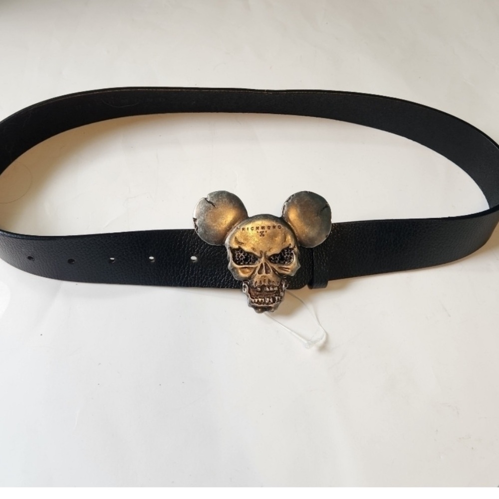 NEW - RICHMOND X Black Leather Belt with Skull Mouse Buckle